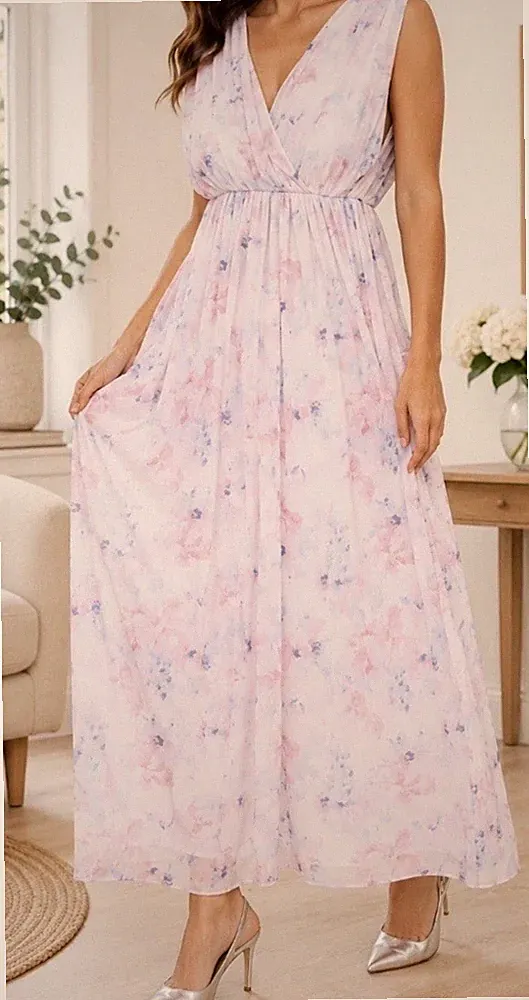 Vero Moda Rey Maxikleid Blumen Gr. L Wickel V-Ausschnitt Chiffon Hochzeit Gast Party