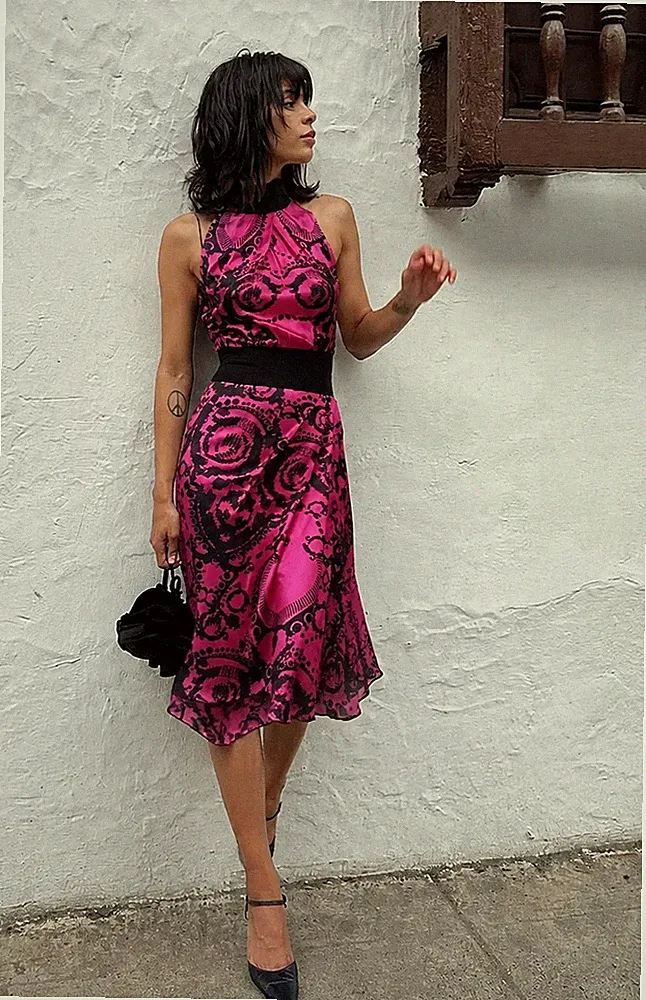 Versace Designer Kleid Abstrakt Blumenmuster Seide Satin Fuchsia IT42
