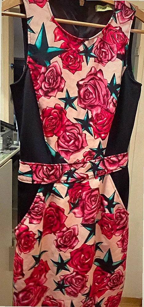Versace Jeans Damen Etuikleid kurz ärmellos Rosenmuster Reißverschluss Gr. 34