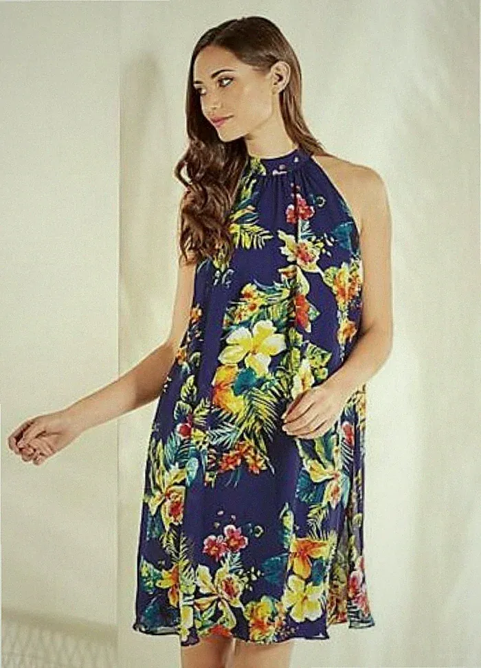 Vielseitiges Sommerkleid kobaltblau tropischer Druck Chiffon A-Linie Strand bis Bar