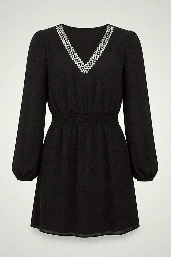 Vila Damen A-Linie Kleid Größe 8 Schwarz Kurz V-Ausschnitt Langarm Party/Cocktail