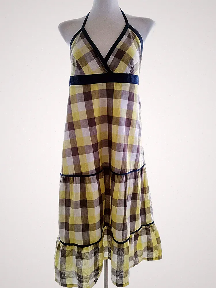 VILA Damen A-Linien-Kleid Gr. L Gelb Baumwolle 100% Ärmellos Rüsche Kariert Midi