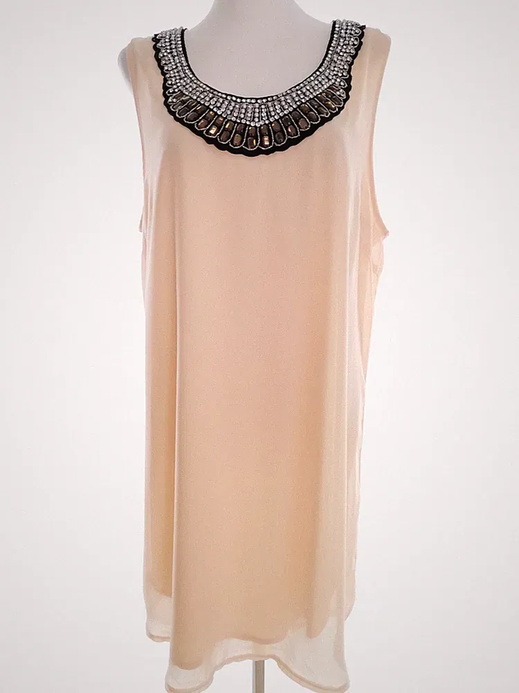 VILA Damen Kleid Gr. XL Puder Ärmellos Kristalle Knielang Runder Ausschnitt