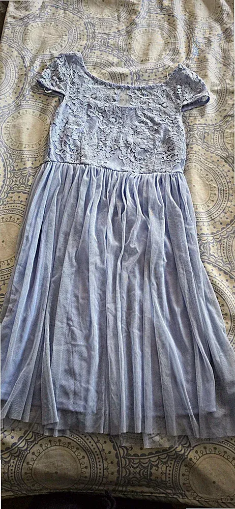 VILA Damen Midi Kleid hellblau Spitze & Tüll A-Linie U-Boot Gr. 36