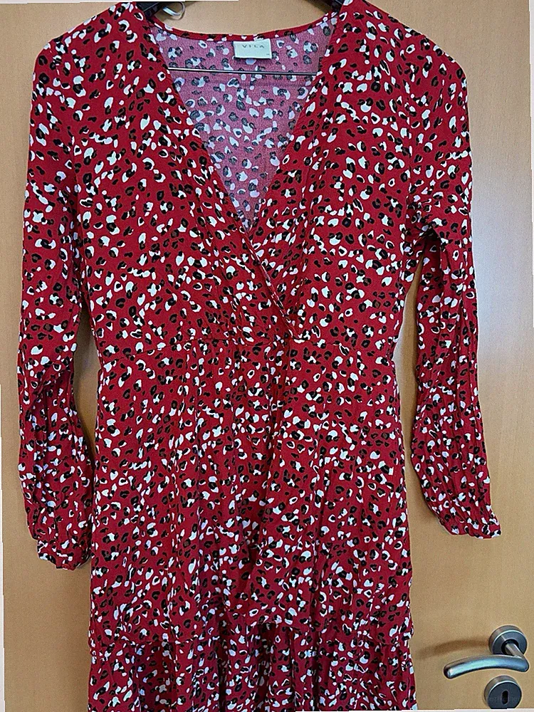 VILA Damenkleid Gr. 40 Rot Tiermuster A-Linie knielang Langarm V-Ausschnitt