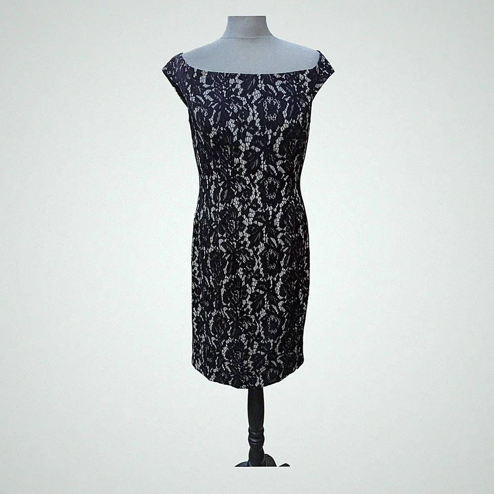 Vince Camuto Black Lace Illusion Dress UK14 US10 EU40 Bardot Neckline