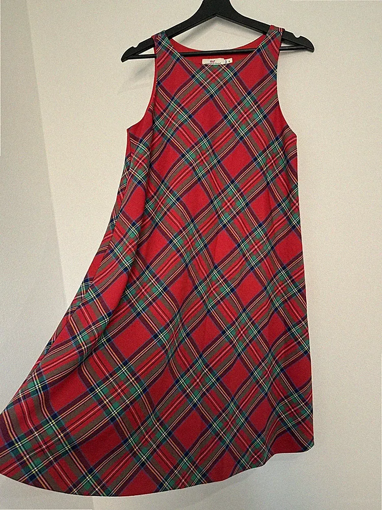 Vineyard Vines Tartan Kleid Rot Grün A-Linie Wolle Mischung Kariert EU 38/40