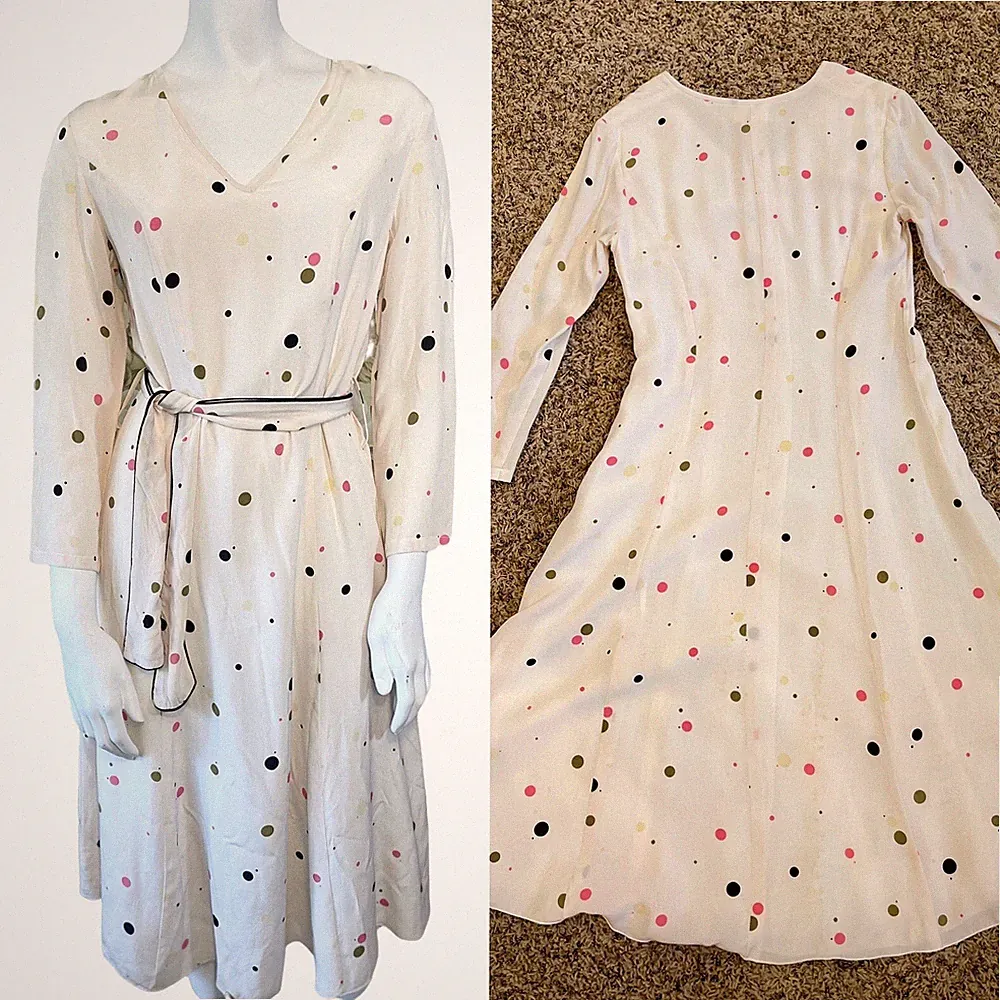Vintage 50’s SILK POLKA DOT BELTED DRESS M Midi Modest Wedding Guest Long Sleeve