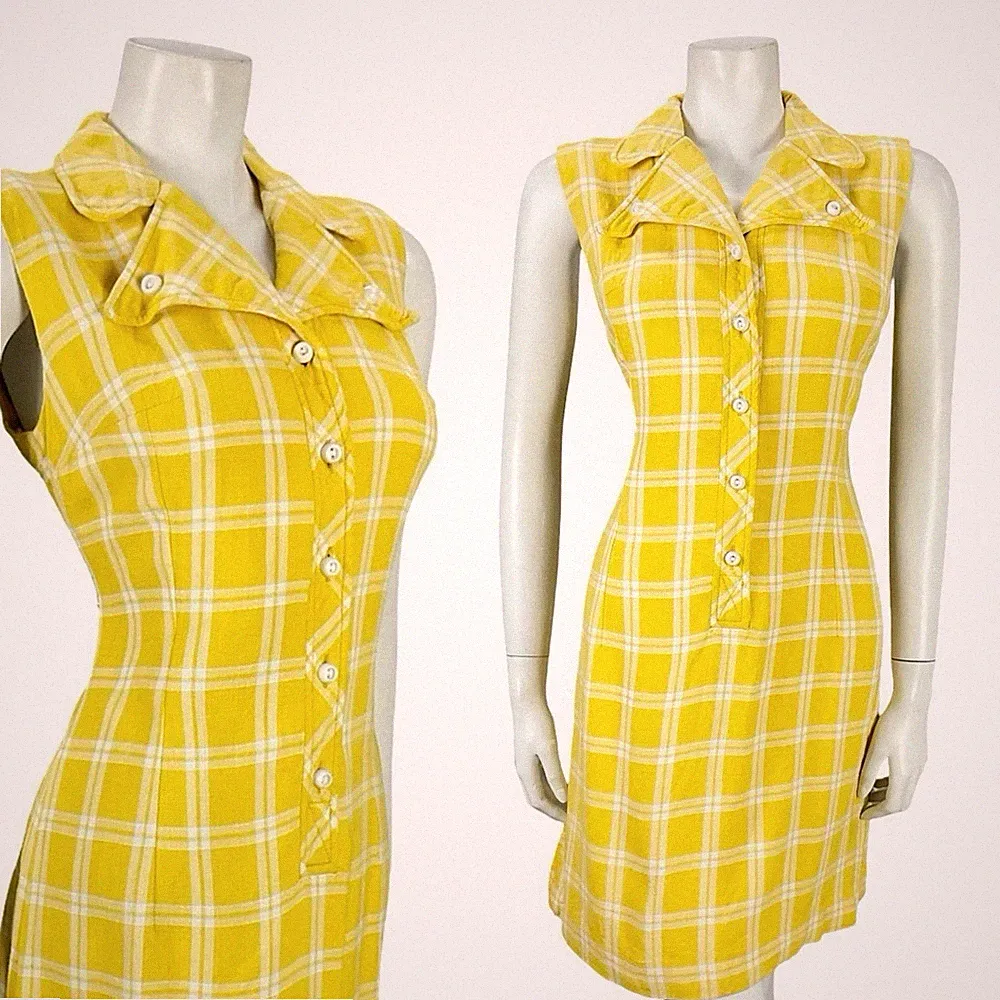 Vintage 60er Jahre gelb weiß kariert Mod Etuikleid Dolch Kerbe Revers Mini Hemd Kleid 10