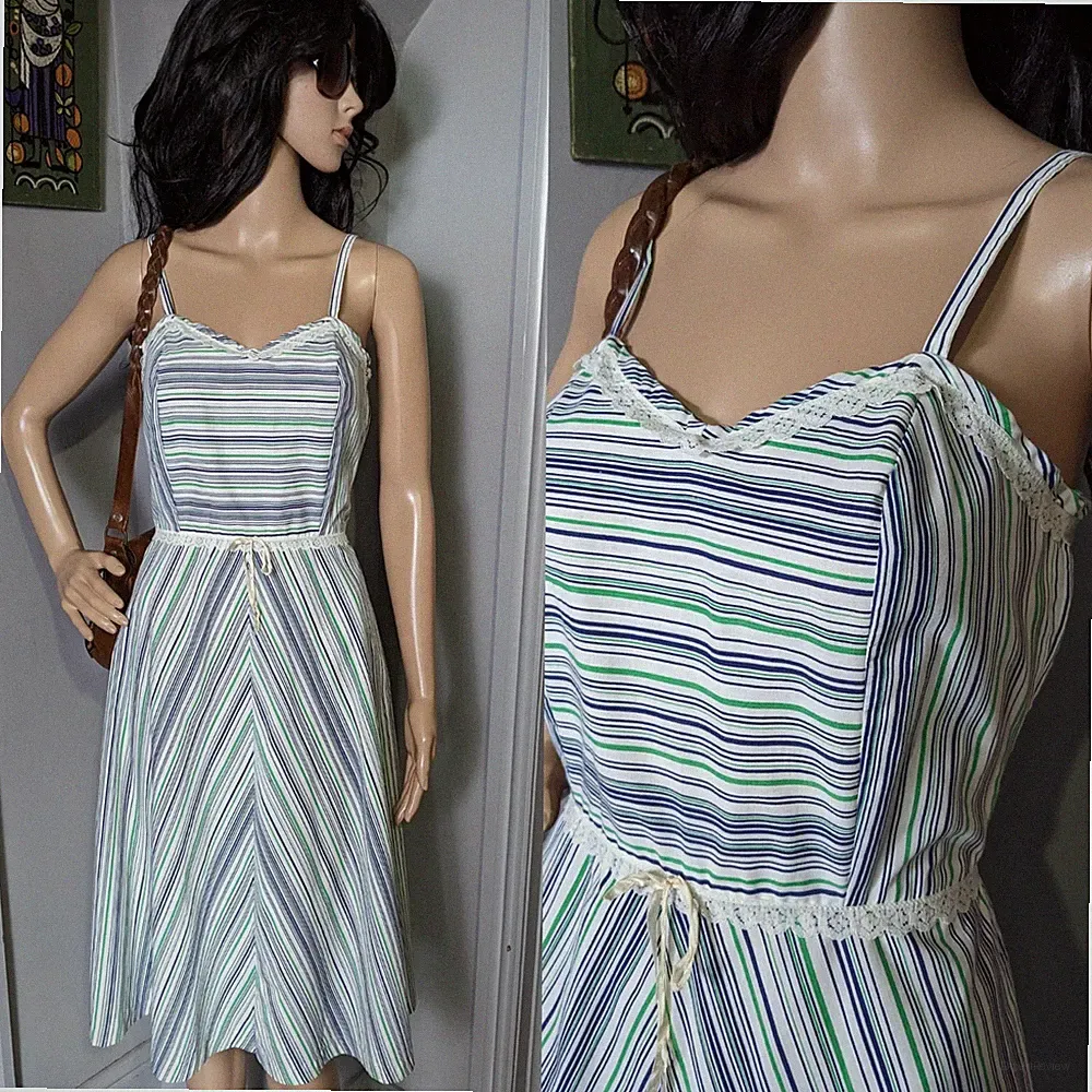 Vintage 70er Baumwolle Spitze Chevron Streifen A Linie Skater Kleid Boho 8 10 36 38