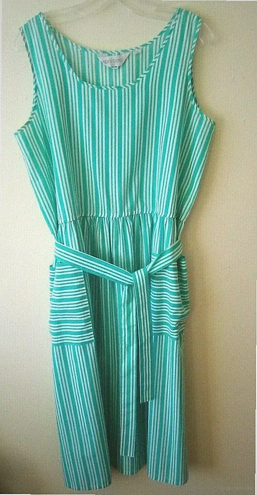 Vintage 80er 90er grün gestreiftes Midikleid Gr. 16 Bindegürtel Taschen 50s Style