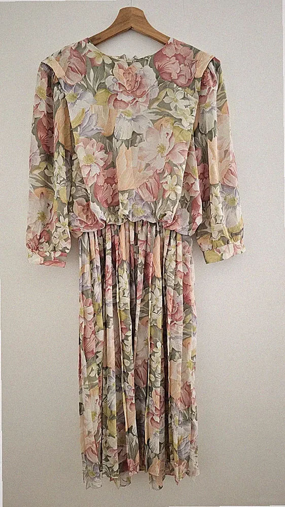 Vintage 80er 90er VLP Blumen Plissee Blouson Kleid /UK 8/10 romantisch Hochzeitsgast