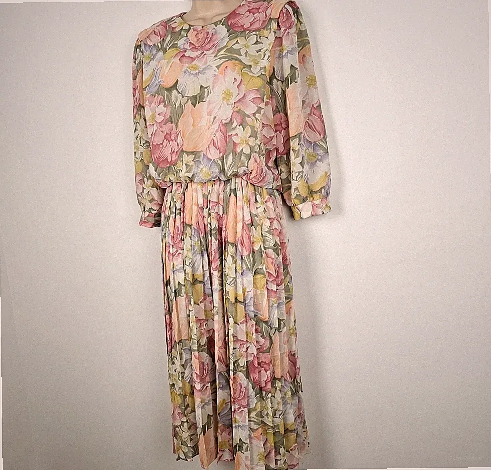 Vintage 80er 90er VLP Blumen Plissee Blouson Kleid UK 8 romantisch Hochzeitsgast