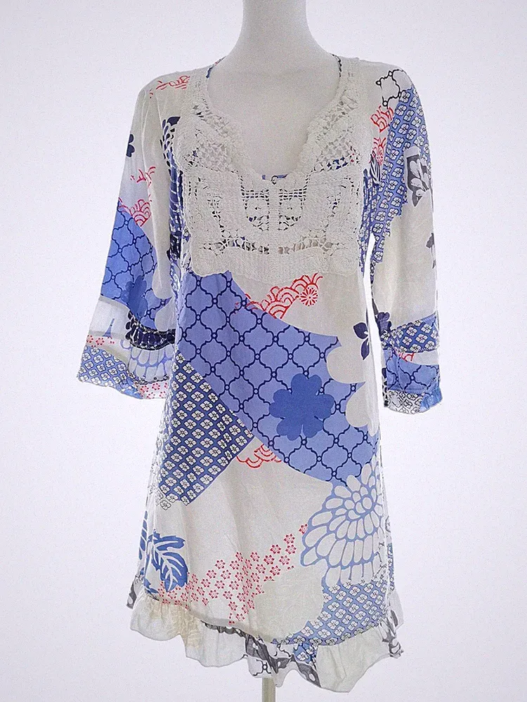 VINTAGE Damen A-Linien-Kleid Gr. 42 Blau 3/4 Ärmel Spitzenstickerei Knielang