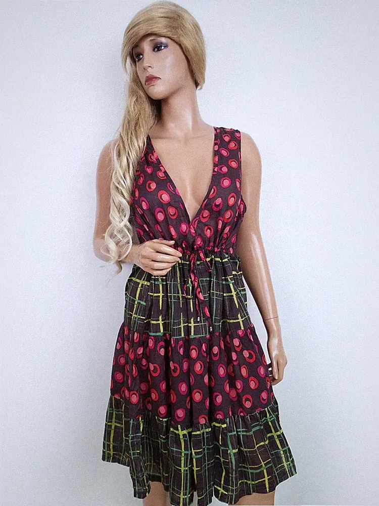 VINTAGE Damen A-Linien-Kleid Gr. M Ärmellos Geometrisch Tiefer V-Ausschnitt