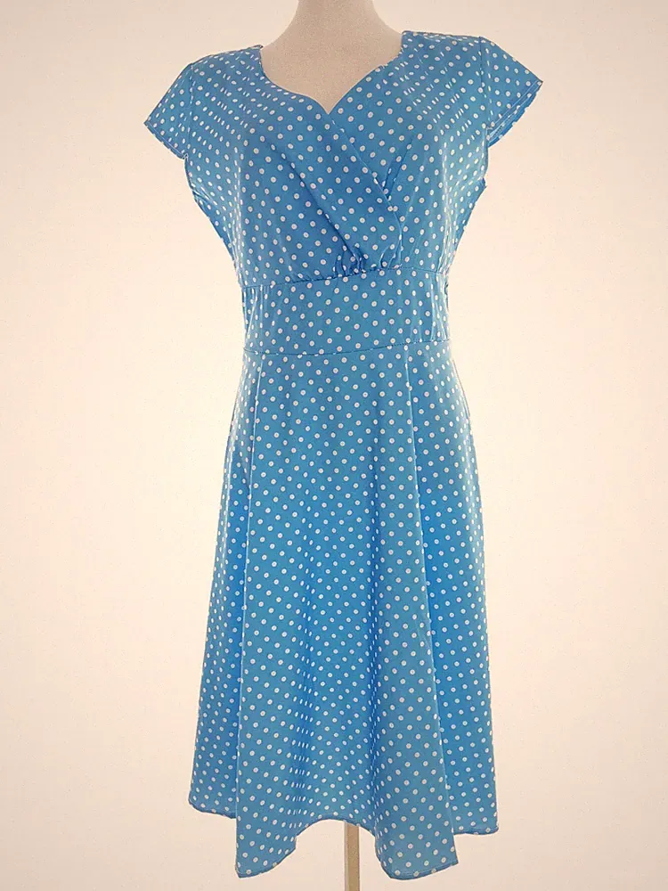 VINTAGE Damen A-Linien-Kleid Gr. M Blau Baumwolle Kurzer Ärmel Punkte Midi