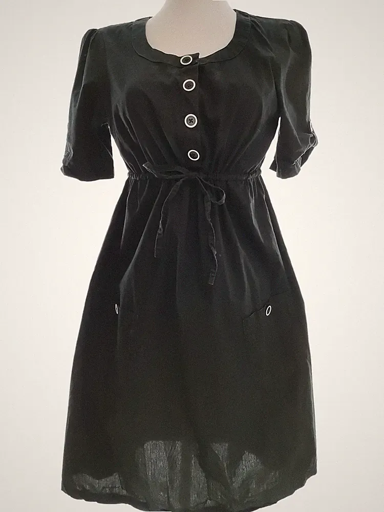 VINTAGE Damen A-Linien-Kleid Gr. XS Schwarz Baumwolle 100% Kurzer Ärmel Logo