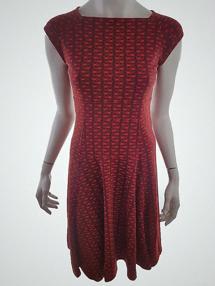VINTAGE Damen A-Linien-Kleid Gr. XXS Rot Kurzer Ärmel Midi Quadrat-Ausschnitt