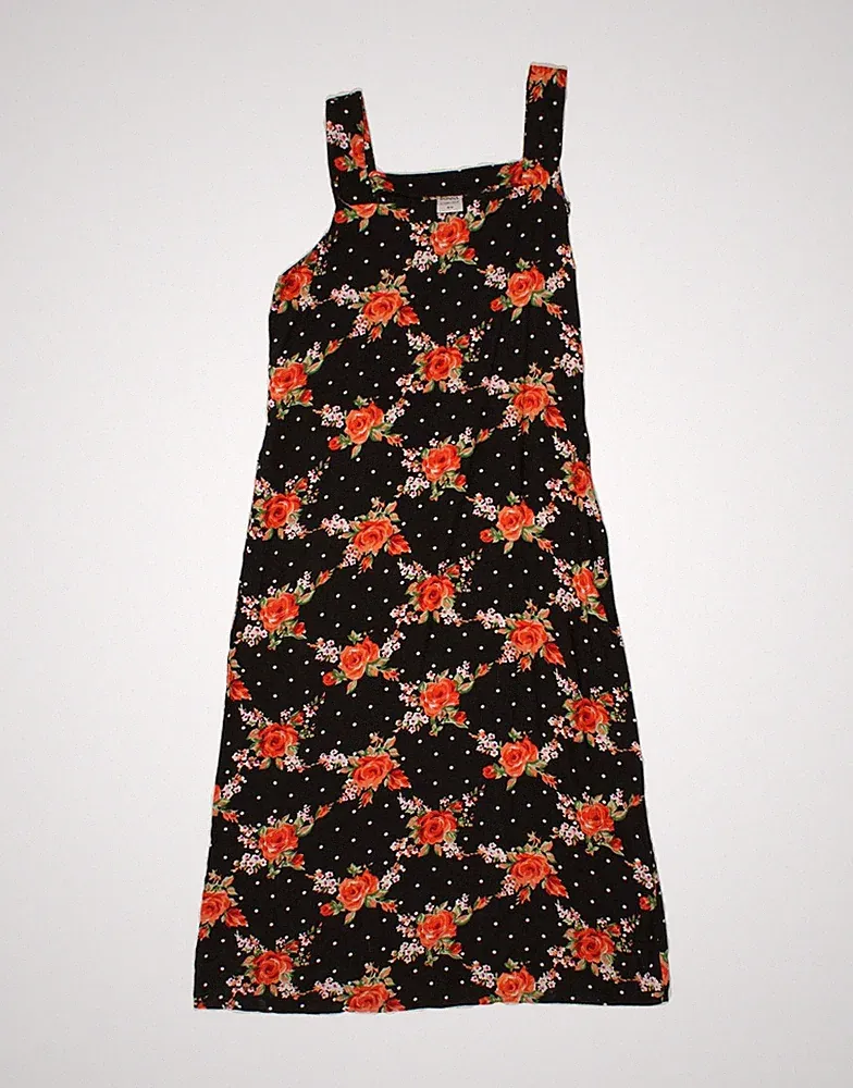 VINTAGE Damen ärmelloses Etuikleid UK 10 Small schwarz Blumen Viskose EJ18