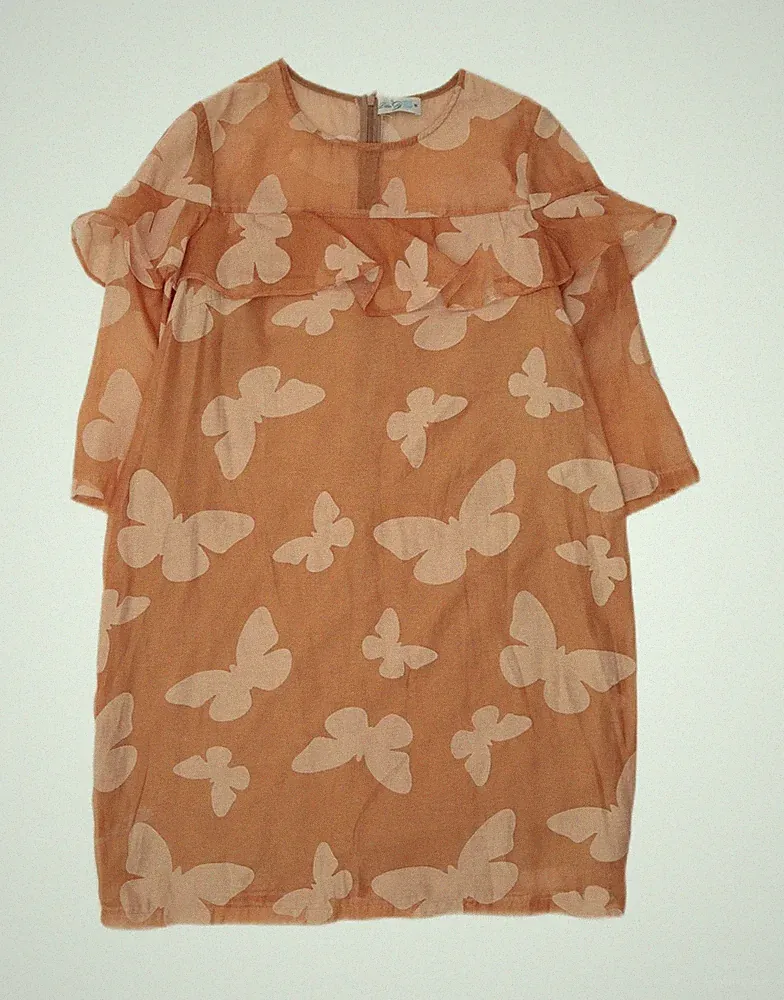 VINTAGE Damen durchsichtiges Etuikleid UK 12 Medium orange Schmetterling BH05