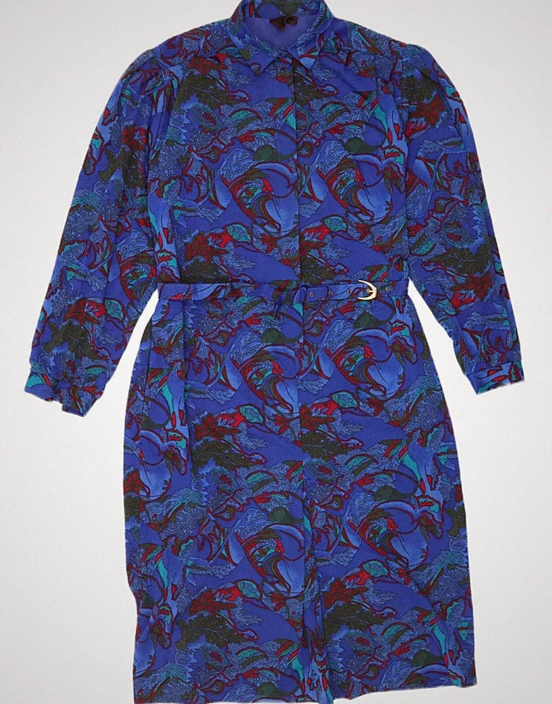 Vintage Damen Langarm Etuikleid IT 46 Large Blau Blumen Polyester CP14