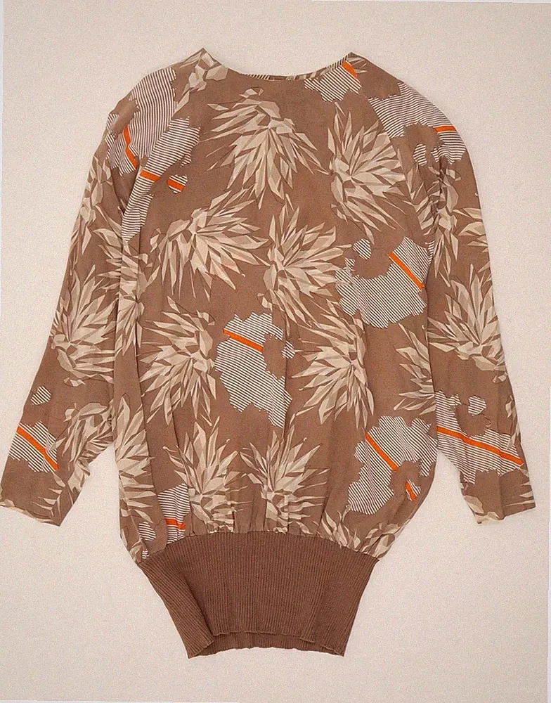 Vintage Damen Langarm Etuikleid UK 16 Large braun Blumen UI01