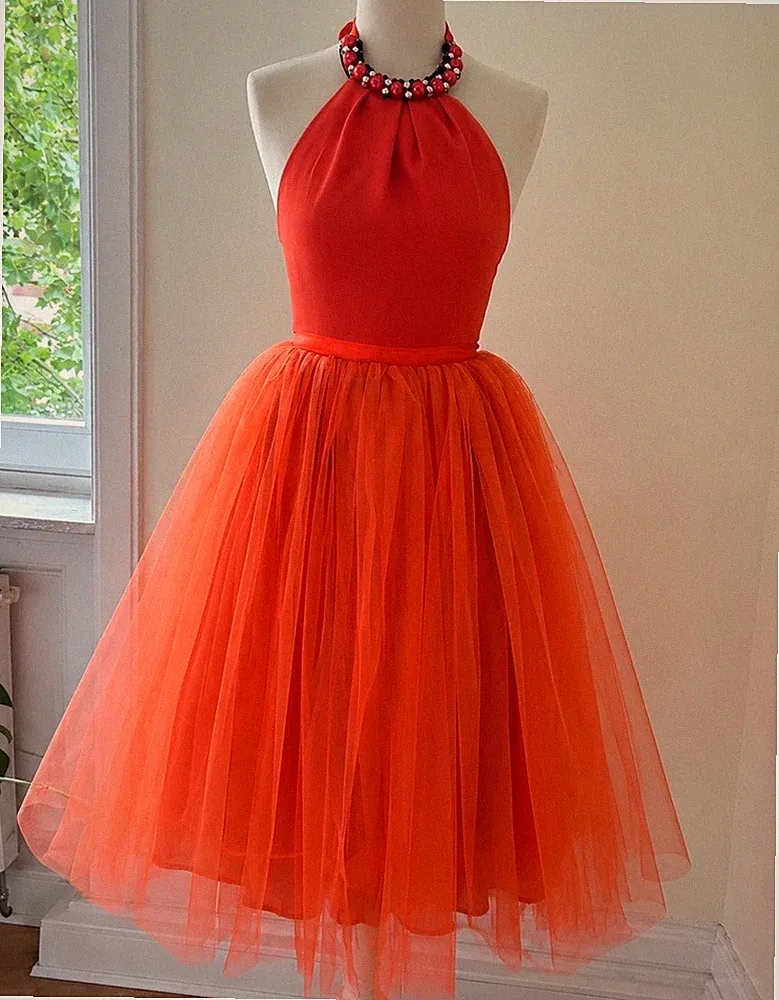 Vintage Damen Midi A-Linien-Kleid orange Neckholder Tüll Perlen mehrlagig M