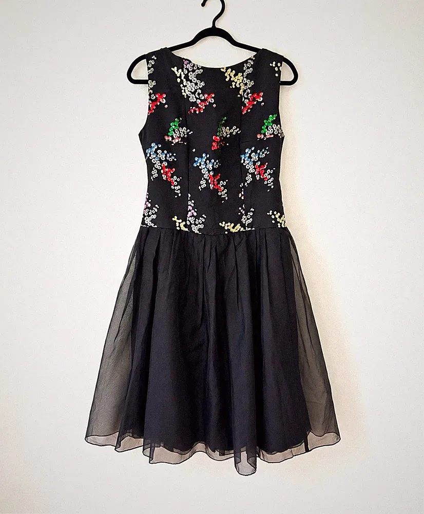 Vintage Damen Midi A-Linien-Kleid schwarz Blumenmuster Pailletten ärmellos Gr. S