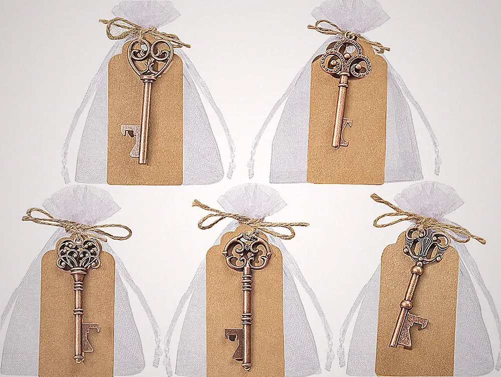 Vintage Flaschenöffner Set mit DIY Karten und Geschenktaschen für Hochzeiten Geb