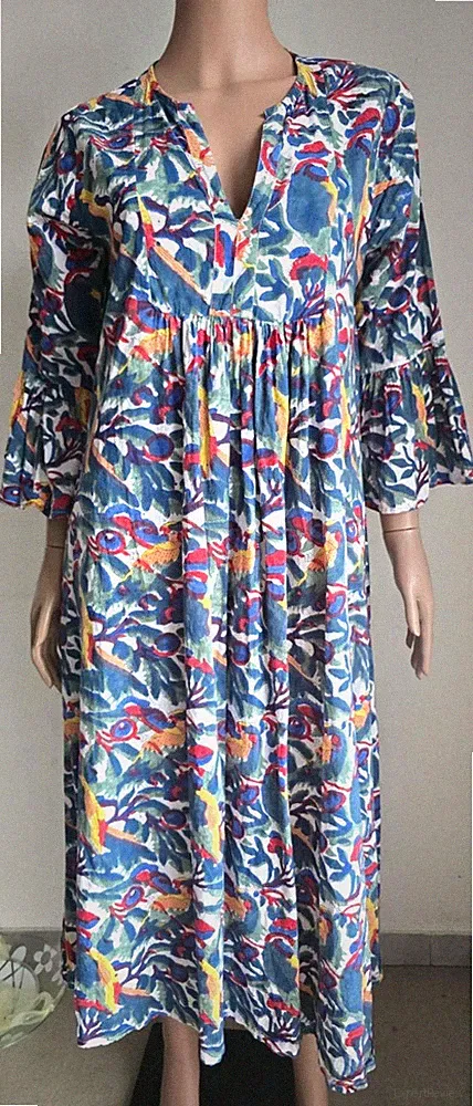 Vintage FRANGIPANILOVES Langes Baumwollkleid Kurzarm Gr. M Papageienmuster