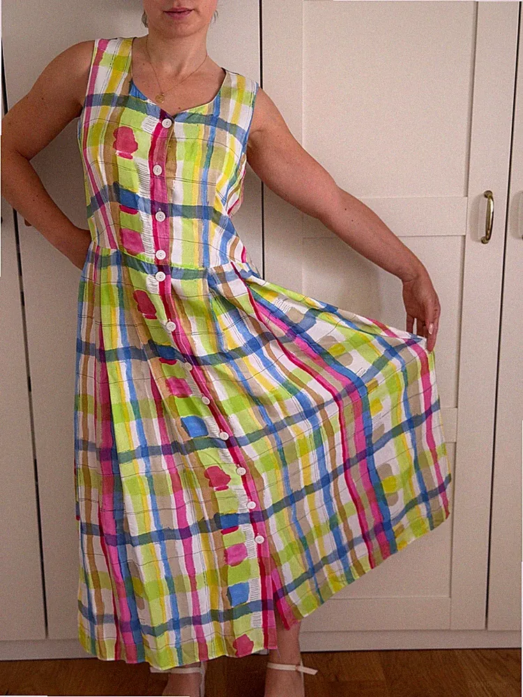 Vintage Gerry Weber Midi Kleid Bunt Kariert Viskose Gr. 38 M