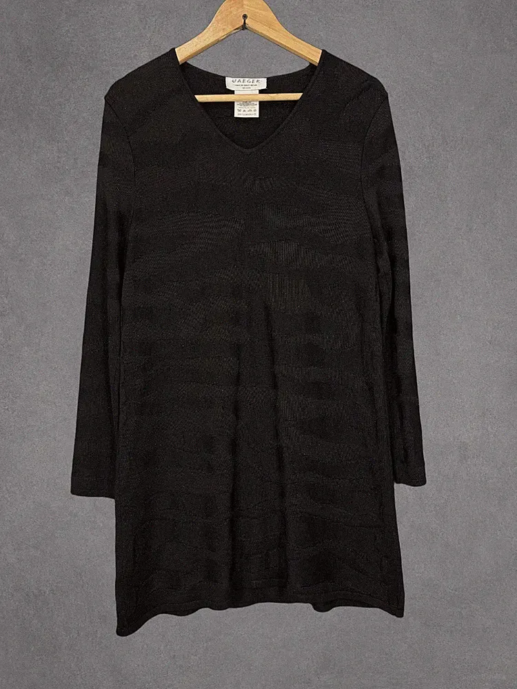 Vintage Jaeger Kleid Damen Medium Schwarz Knielang Strukturiert A Linie Langarm