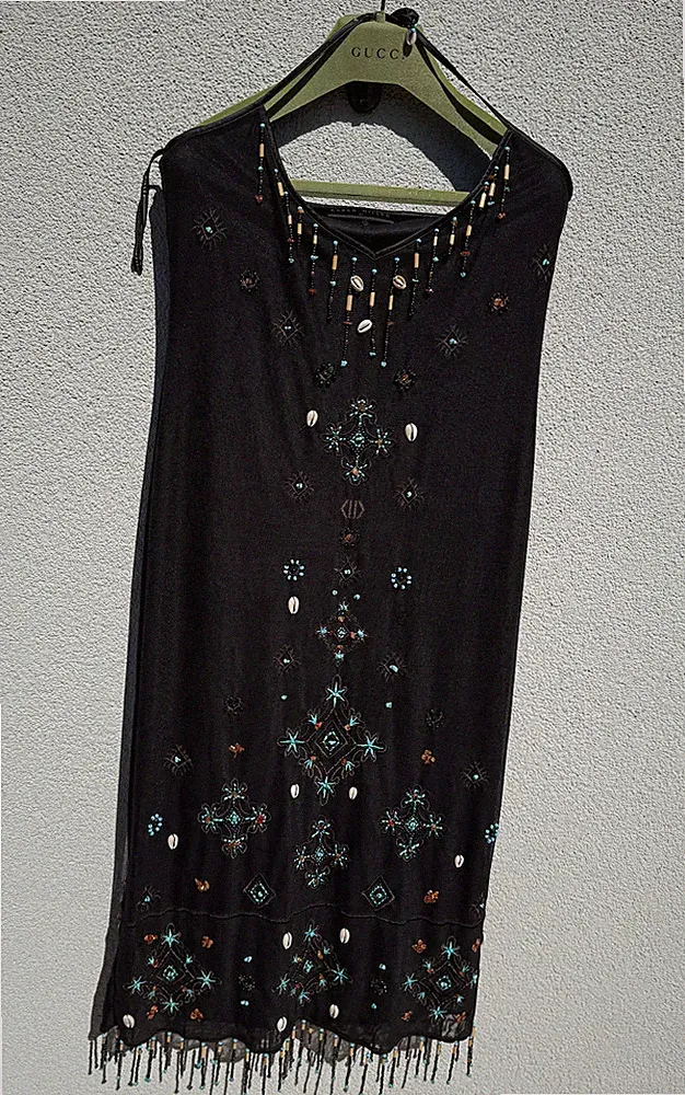 Vintage ❤️ KAREN MILLEN schwarz bestickt Mesh Perlen Shell Kleid UK 12 Party EX