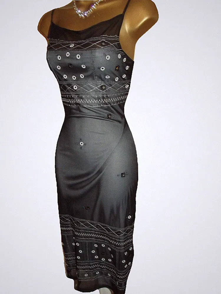 Vintage ❤️ Karen Millen schwarz grau Netz Perlen Muschel Etuikleid UK 12 14 Party