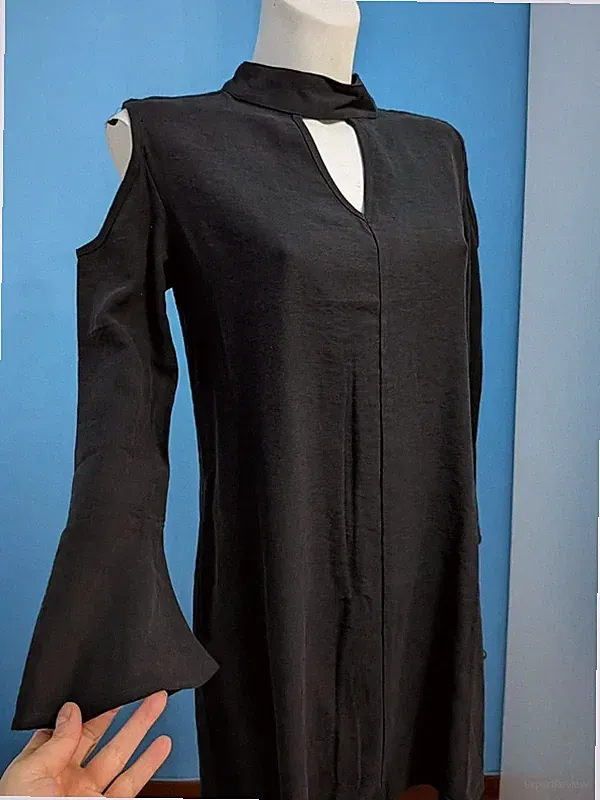 Vintage Kleid Tunika Mini schwarz Cut-Out Schulterfrei und Glockenärmel Gr. S