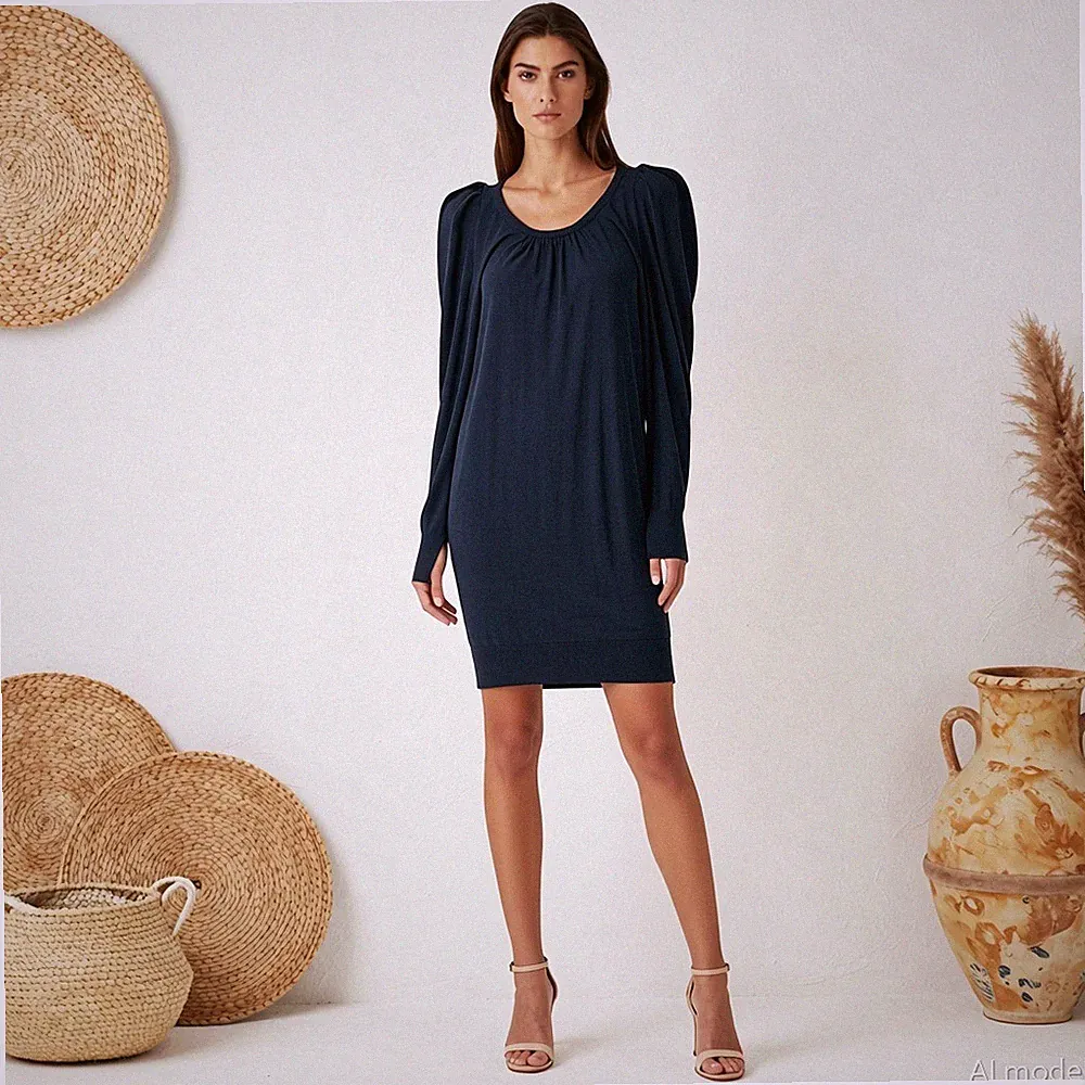 Vintage Knielang Strickkleid Blau Feinstrick Wolle Rundhals Puffärmel Rüschen M