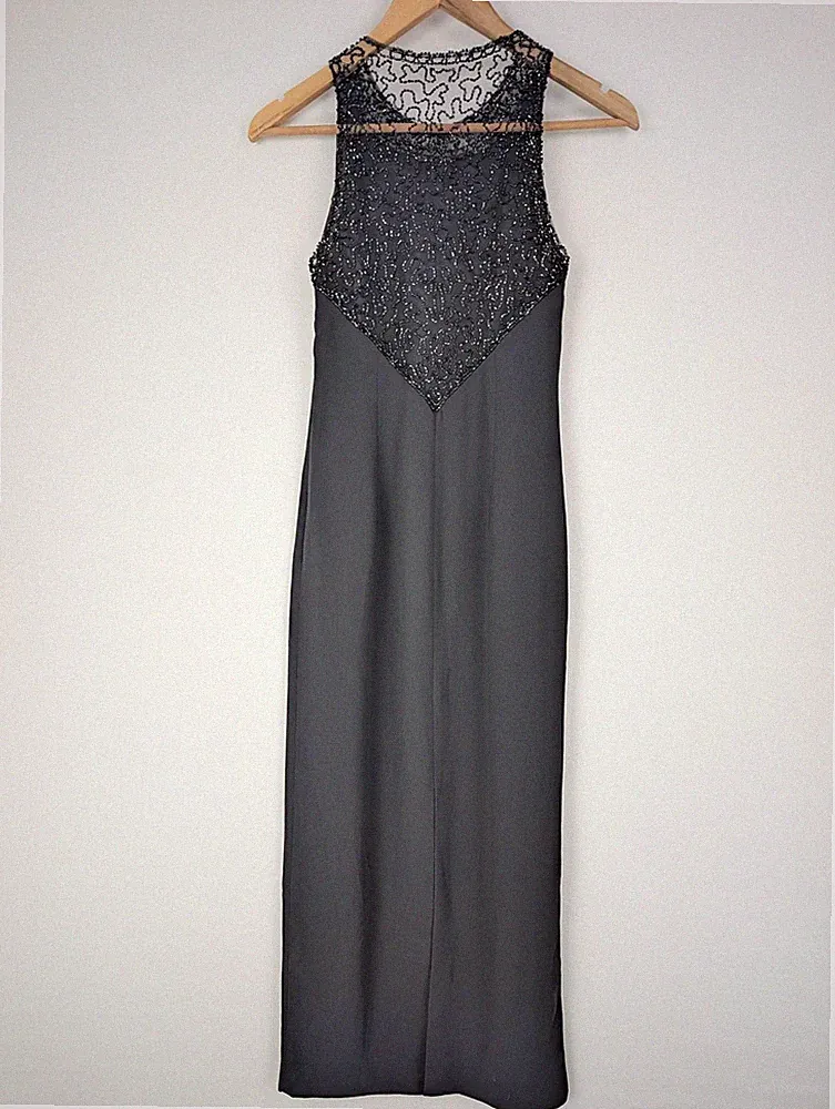 Vintage Laundry Shelli Segal UK 8 schwarz lang Perlen Kleid formell Abend Beerdigung