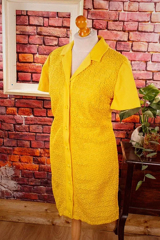Vintage orig 60er 70er Disco Kleid gelb Spitze Etuikleid Schlager 46