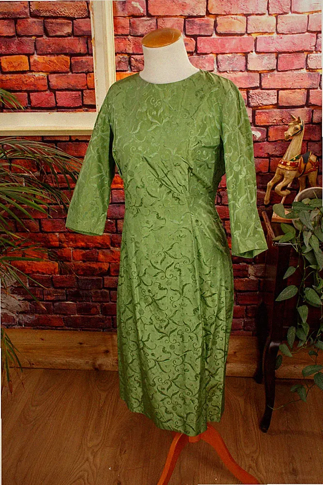 Vintage orig 60er Etuikleid grün Seide Brokat Rockabella Kleid S