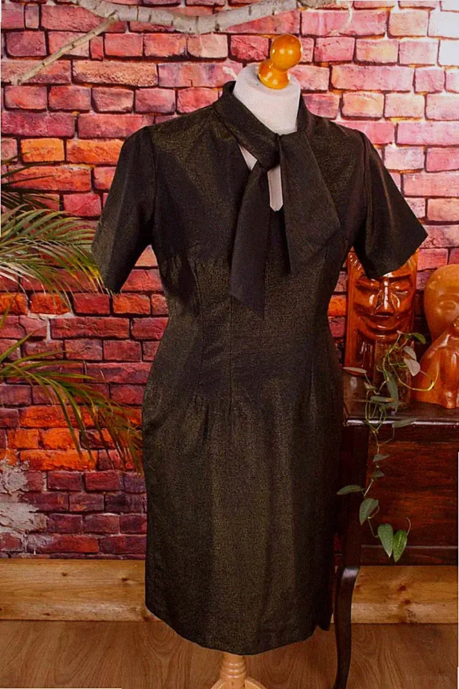 Vintage orig 60er Etuikleid schwarz gold Wollmix Rockabella Kleid 44