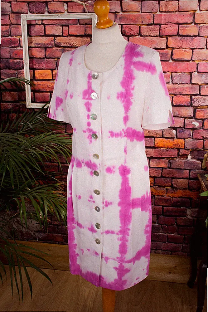 Vintage orig 90er Etuikleid pink weiß Batik Perlmutt Knopfleiste 40