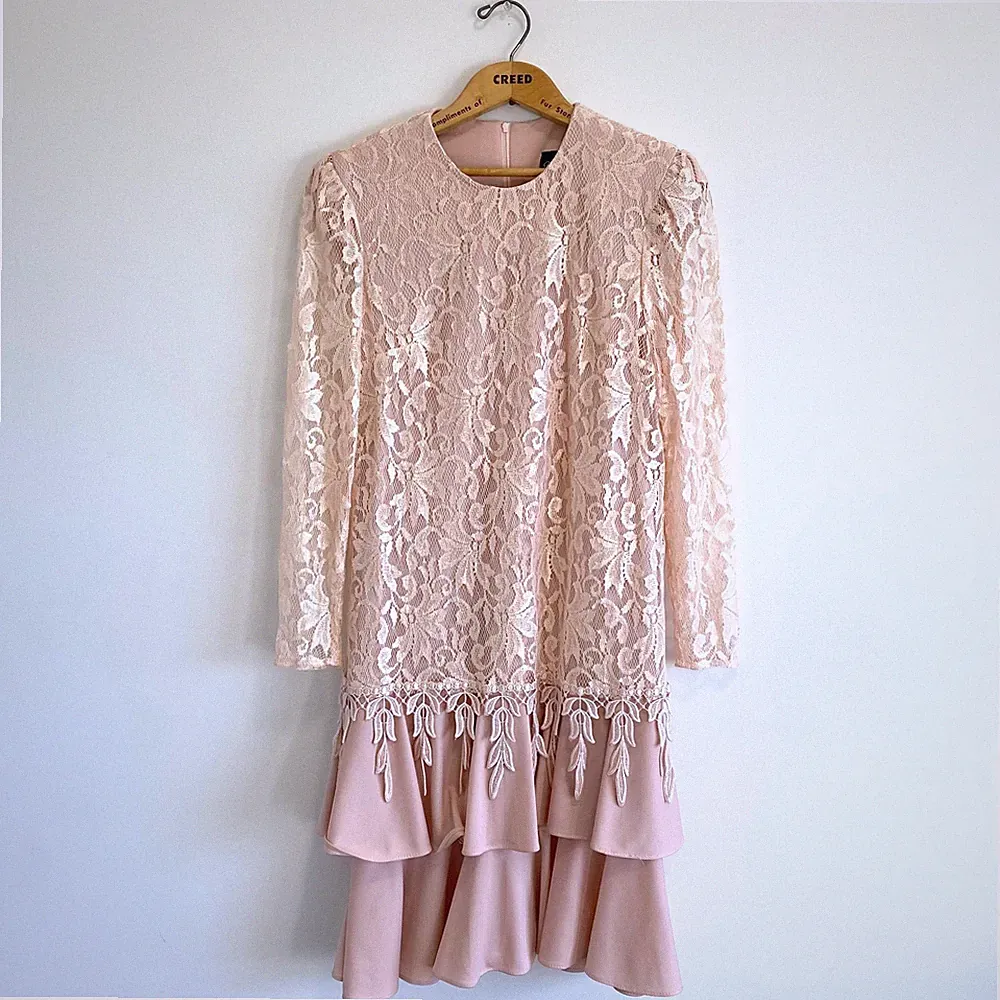 Vintage Pink Drop Waist Dress w/ Lace Mesh Overlay / 80s / Made in USA / Size 10
