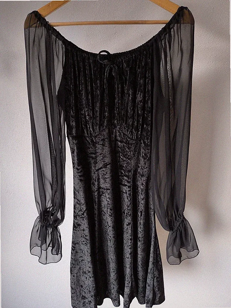 🖤✨ Vintage Samtkleid Gr. S – Carmen / Gothic – transparente Ärmel ✨🖤