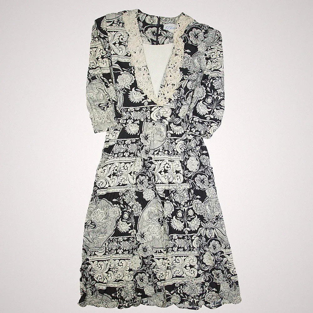 Vintage SL PETITES Damen A-Linien Kleid Schwarz 90er Floral Midi M