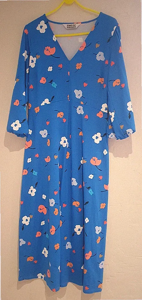 VINTAGE-STIL DENNIS DAY USA AUFFÄLLIG BLAU A-LINIE BLUMEN KLEID STRETCH GRÖSSE 10