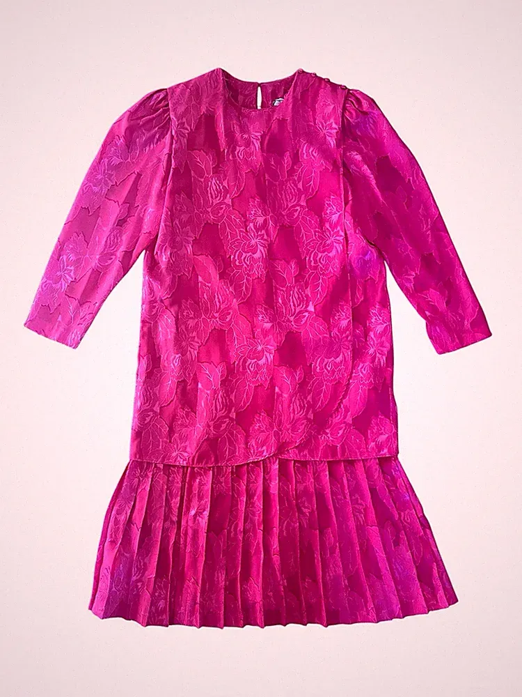 Vintage UNION TAG Nu-Mode Bright Pink Jacquard Floral 80s Drop Waist Mid Dress 9