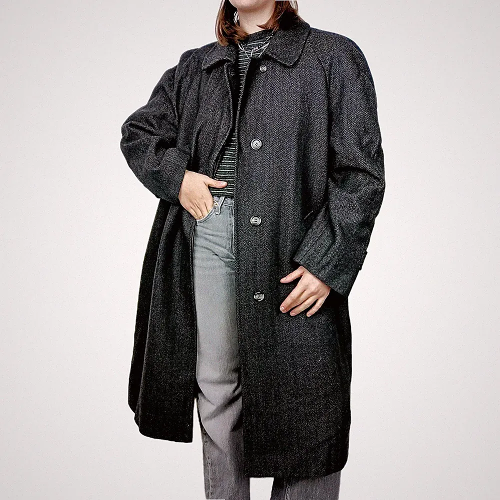 Vintage Valstar Mantel Reine Wolle Grau Ähren Lang Coat Maxi Wool Gray Long