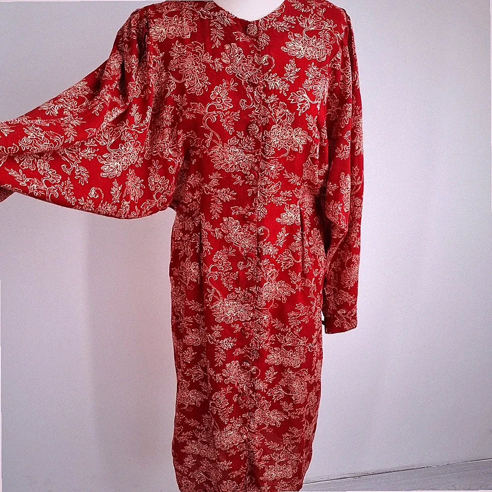 Vintage Wallis Kleid Knopfleiste Größe 12 dunkelrot Blumen Dolmanärmel Midi