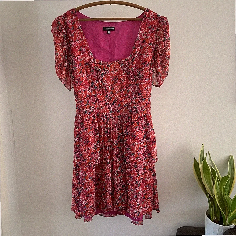 Vintage Y2k Silk Warehouse Dress Mini Print Pink Wedding Guest Floral Ditsy