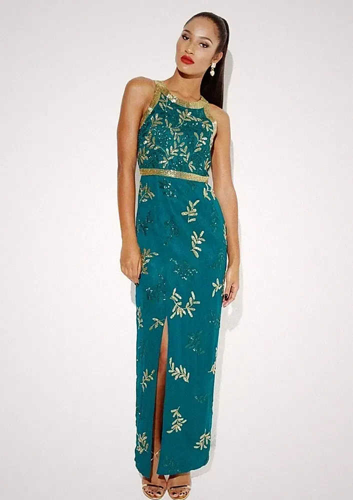 Virgos Lounge Grüne Maxikleid Party Cocktail Hochzeit UK8 EUR36 US4